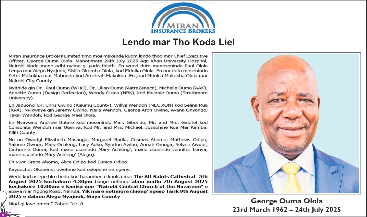 George Olola Memorial Announcement - Luo (Dholuo)